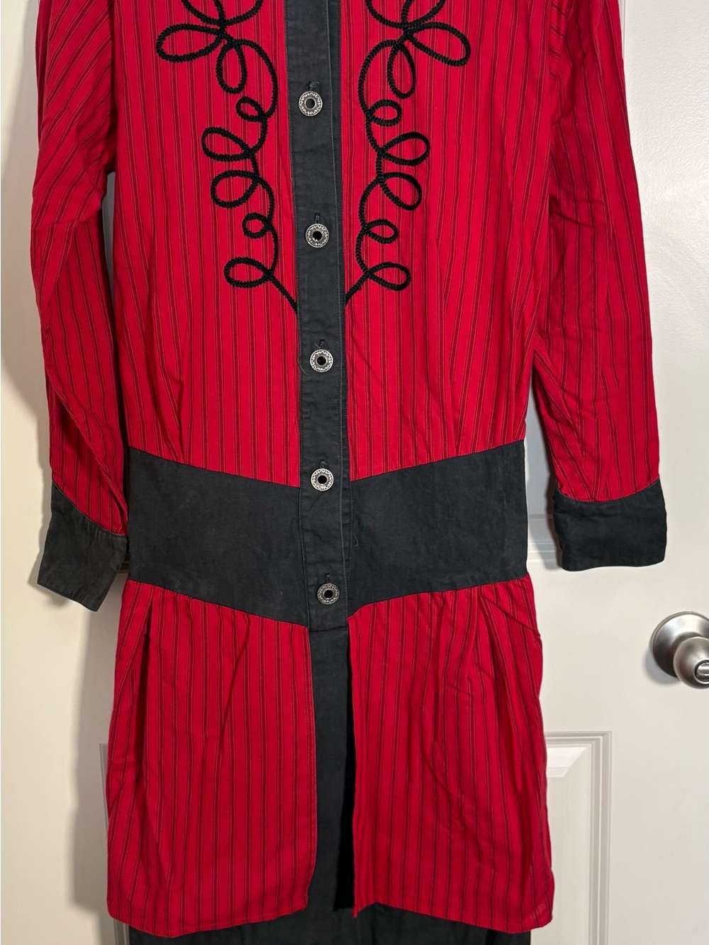 Red Long-Sleeve Button-Front Dress with Black Trim